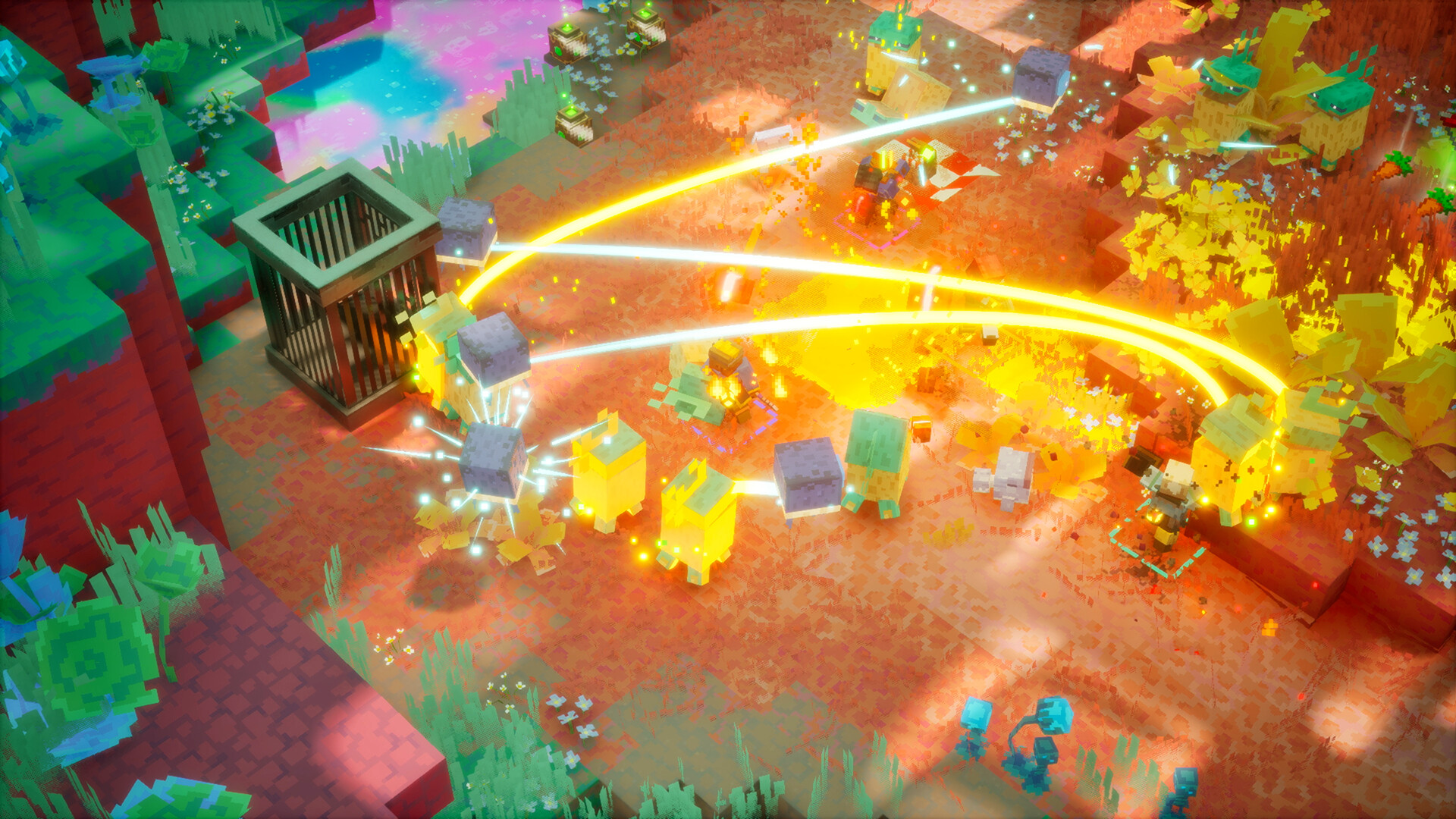 Official Minecraft Dungeons II screenshot of adventurers exploring a vibrant Overworld landscape