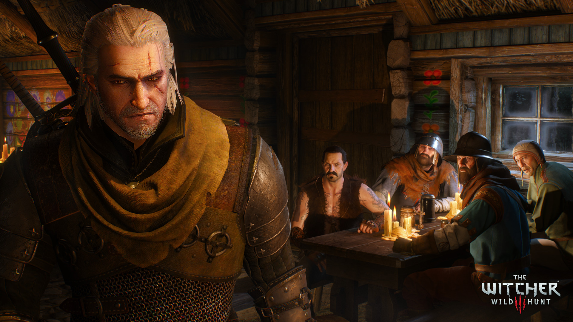 Official The Witcher 3: Wild Hunt screenshot — Geralt in a candlelit tavern, for NextGenConsole Daily Console Drop September 28 2026