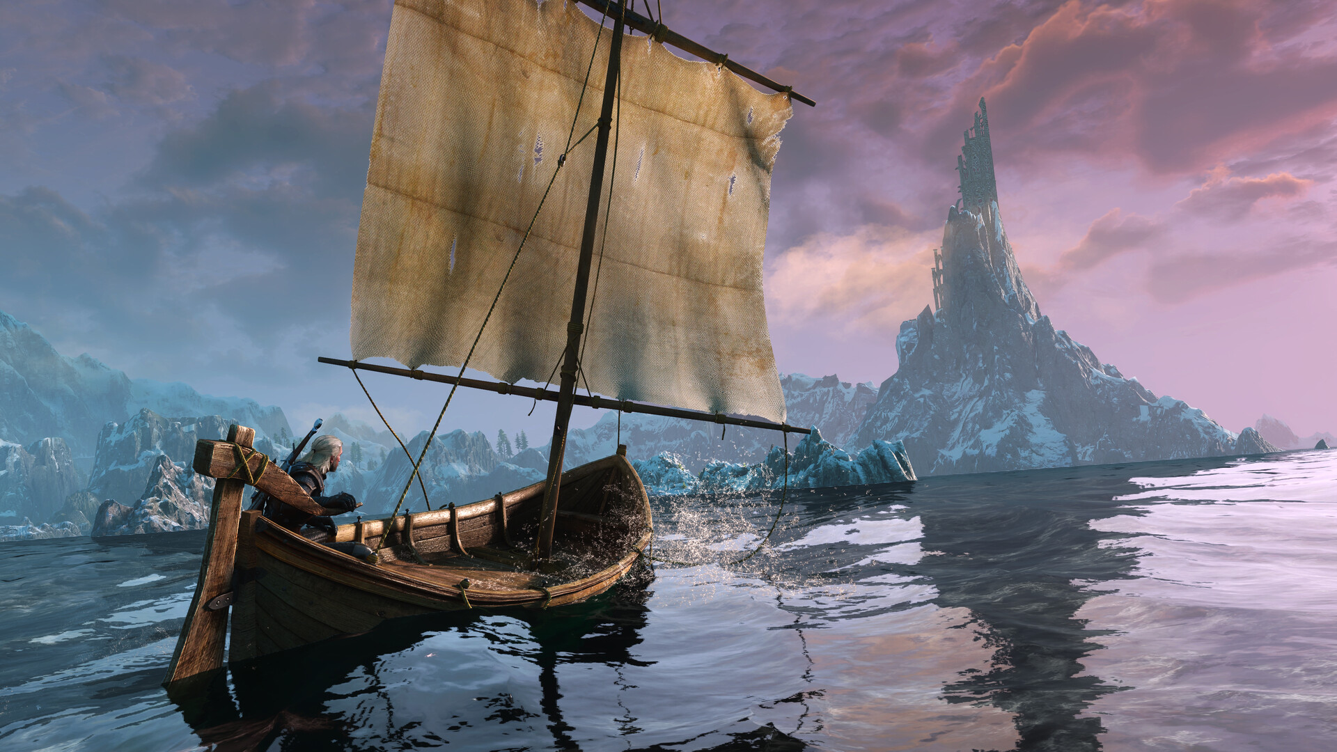 Official The Witcher 3: Wild Hunt — Remastered screenshot — Geralt sailing Skellige waters at dusk, for NextGenConsole Daily Console Drop September 29 2026