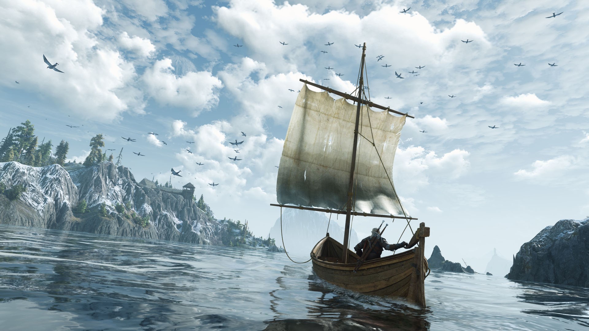 Official The Witcher 3 Remastered screenshot of Geralt on a boat