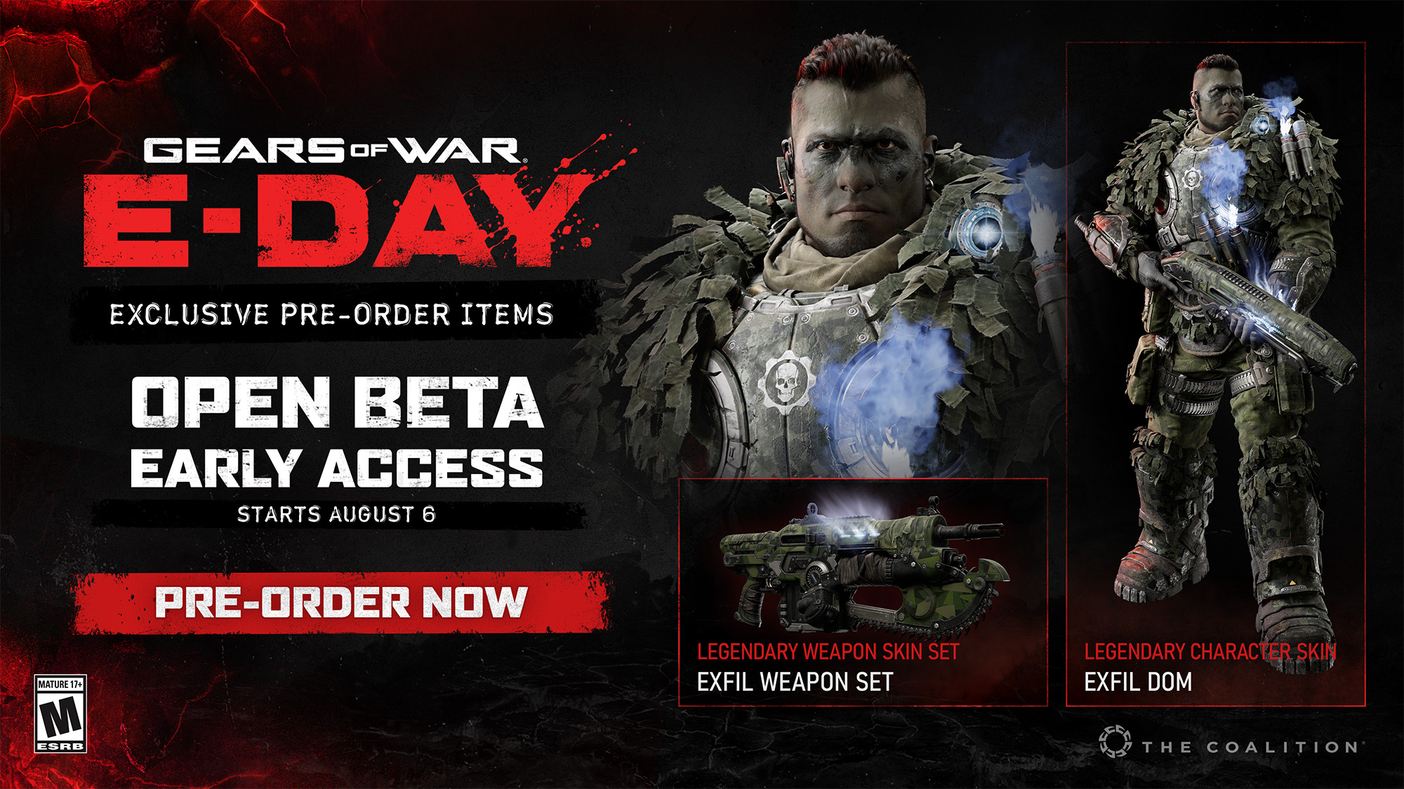 Official Gears of War: E-Day pre-order bonus art for the Exfil Dom character skin and weapon skin set