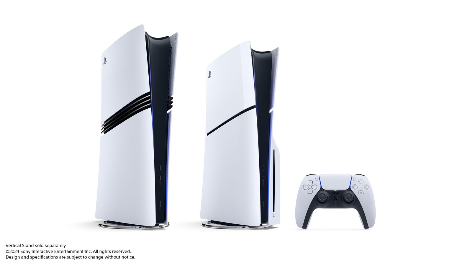 Official Sony press photo of PlayStation 5 Pro beside PS5 Slim and DualSense controller