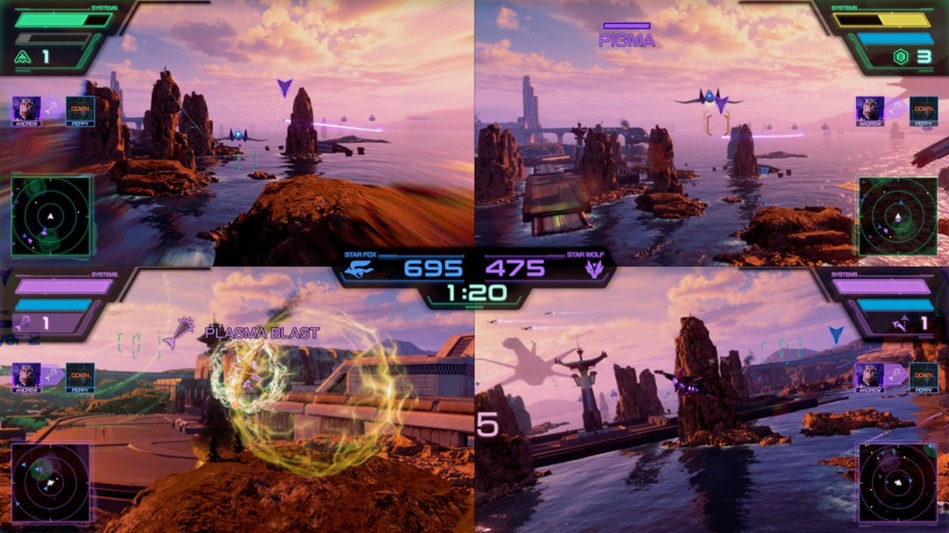 Official Star Fox screenshot of four-player split-screen Battle Mode on Nintendo Switch 2