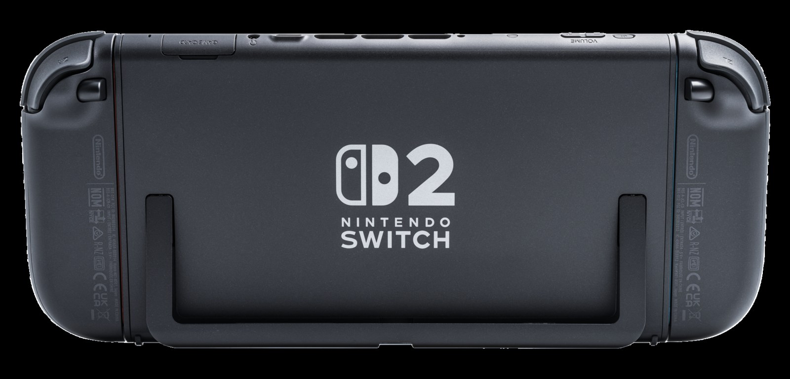 Nintendo Switch 2 console photographed from behind with Joy-Con 2 attached