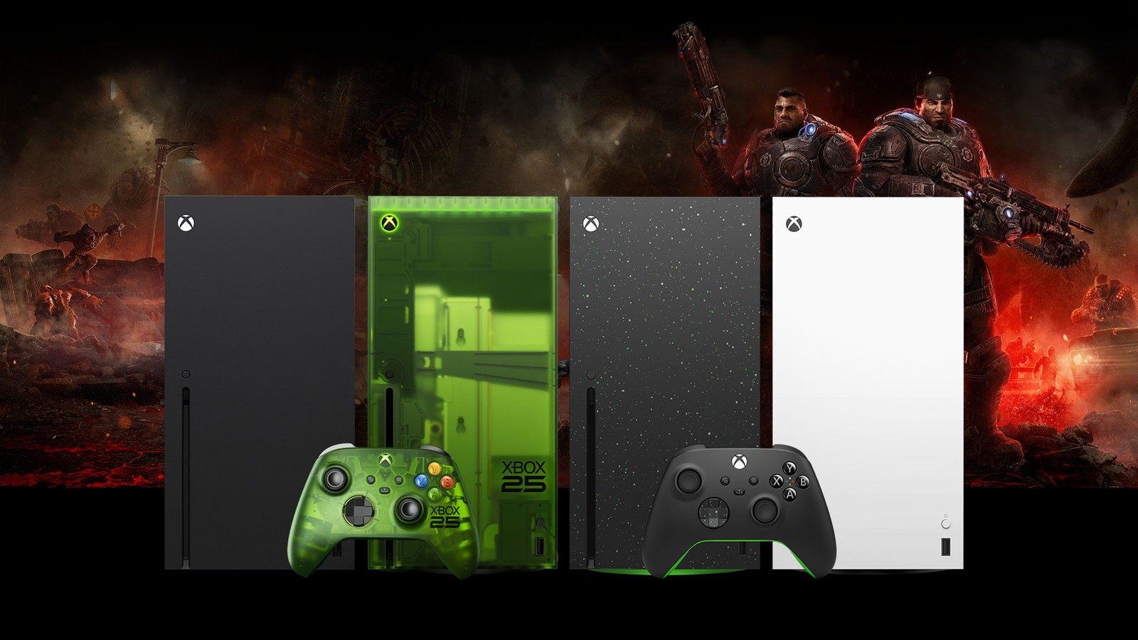 Official Xbox Series X console lineup including standard black, Xbox 25, and Robot White editions