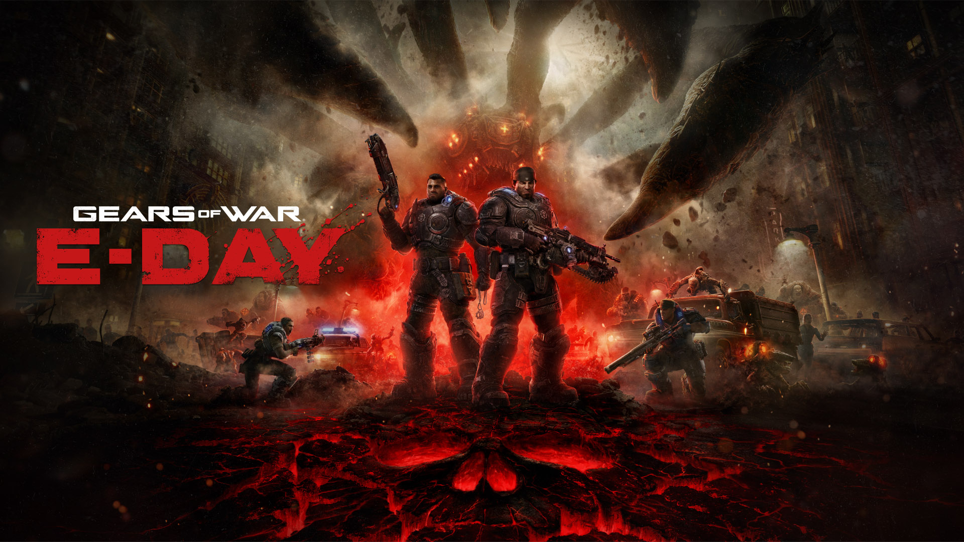 Official Gears of War: E-Day horizontal key art showing Marcus Fenix and Dominic Santiago