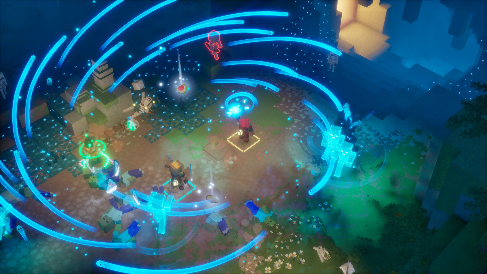 Official Minecraft Dungeons II screenshot of heroes exploring a bright outdoor biome ahead of the September 29 launch