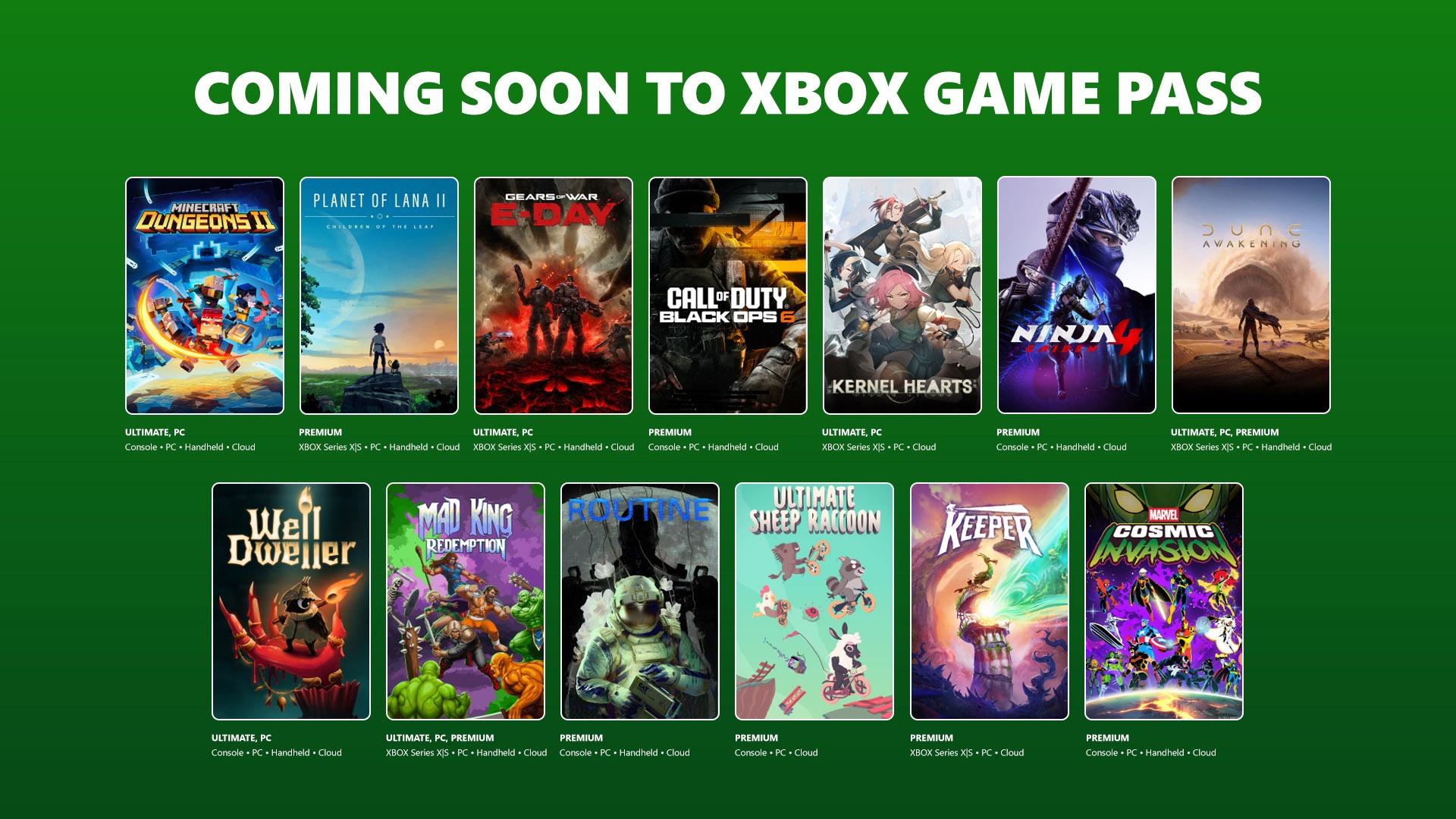 Coming Soon to Xbox Game Pass September–October 2026 wave graphic with Mad King, Dune, Gears E-Day and more