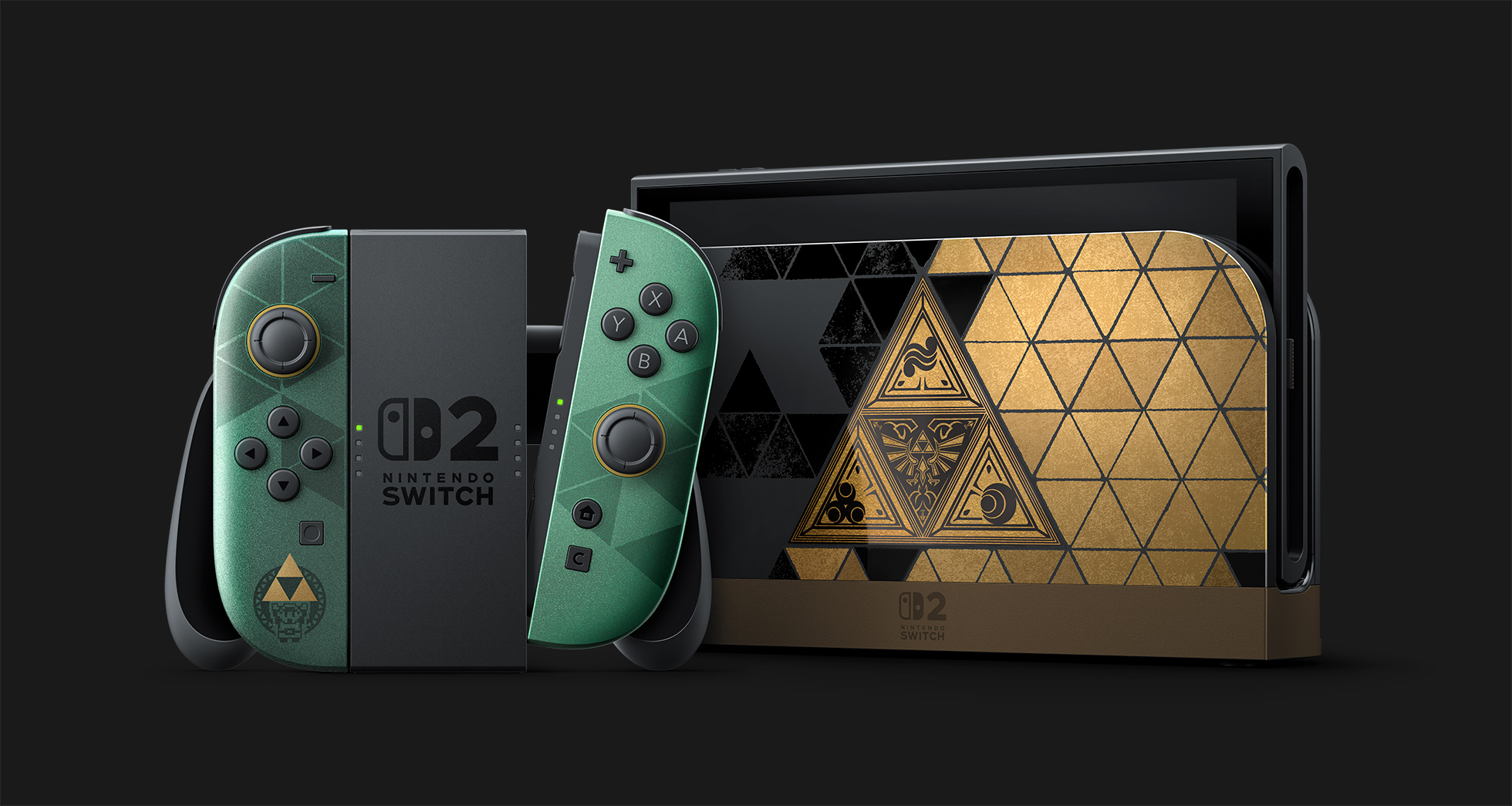 Nintendo Switch 2 – The Legend of Zelda – 40th Anniversary Edition docked console with green Joy-Con 2 and Triforce dock