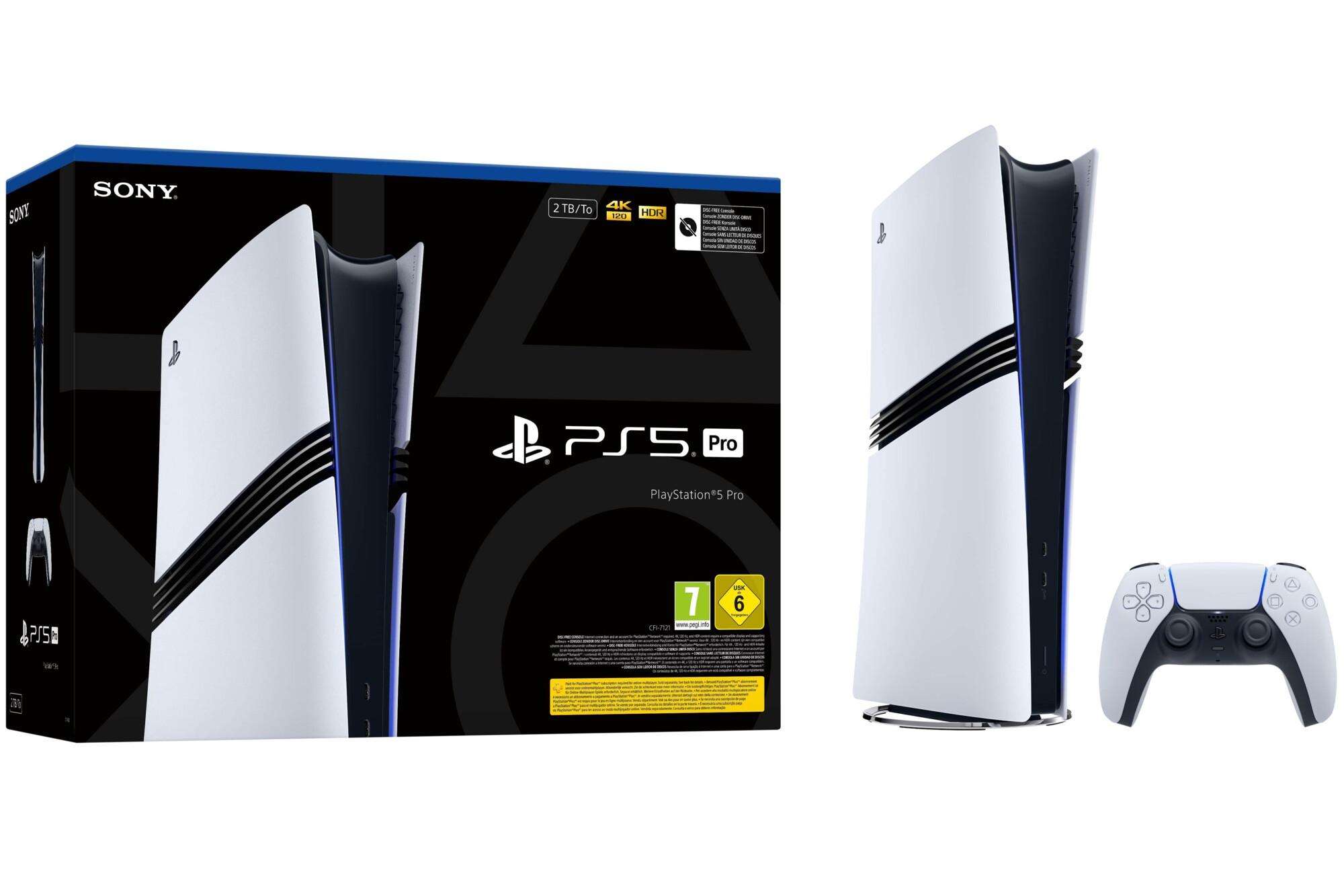 PlayStation 5 Pro console, DualSense controller, and retail packaging