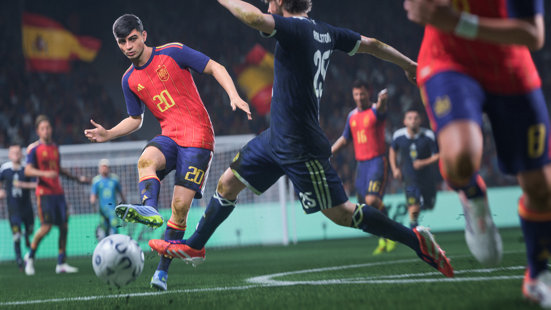 Official EA Sports FC 27 screenshot — Spain attacker striking the ball against a Scotland defender in a packed night stadium