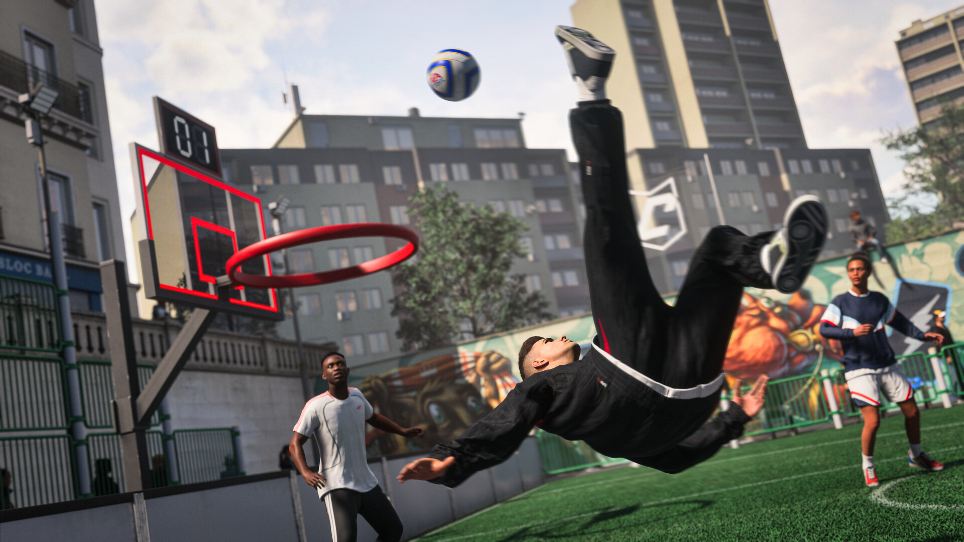 Official EA Sports FC 27 screenshot — street football bicycle kick on an outdoor court in The Grounds