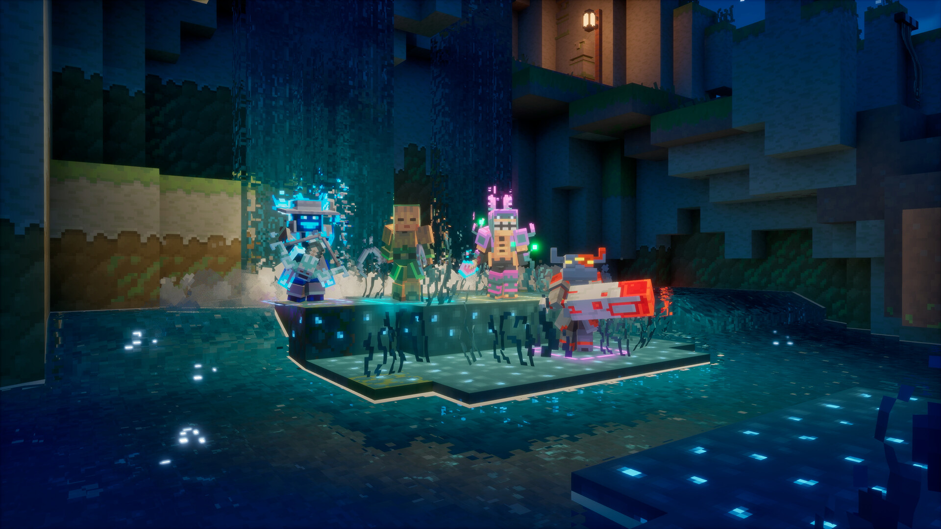 Official Minecraft Dungeons II screenshot of heroes fighting through a bright blocky outdoor biome