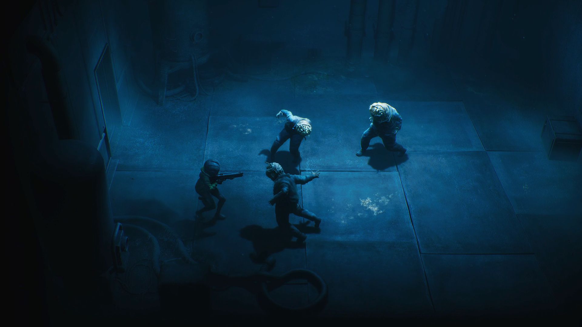 Official End of Abyss screenshot of Cel exploring a dark underground facility corridor
