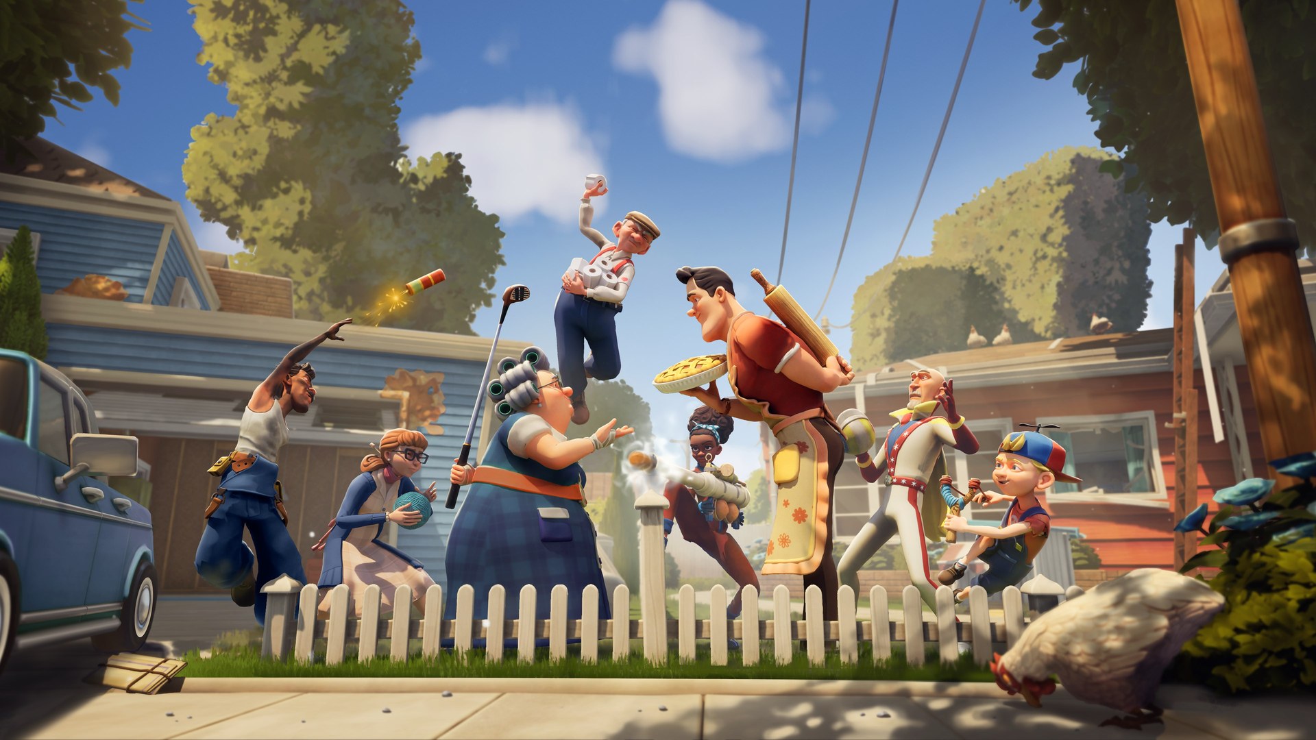 Official Neighbors: Suburban Warfare 1.0 key art showing neighbors brawling over a picket fence