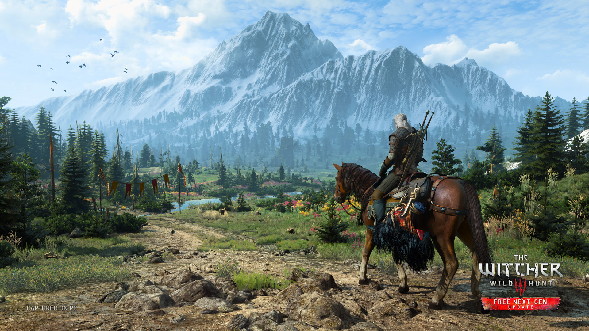 Official The Witcher 3 Remastered screenshot — Geralt on a boat approaching a sunlit coastal settlement