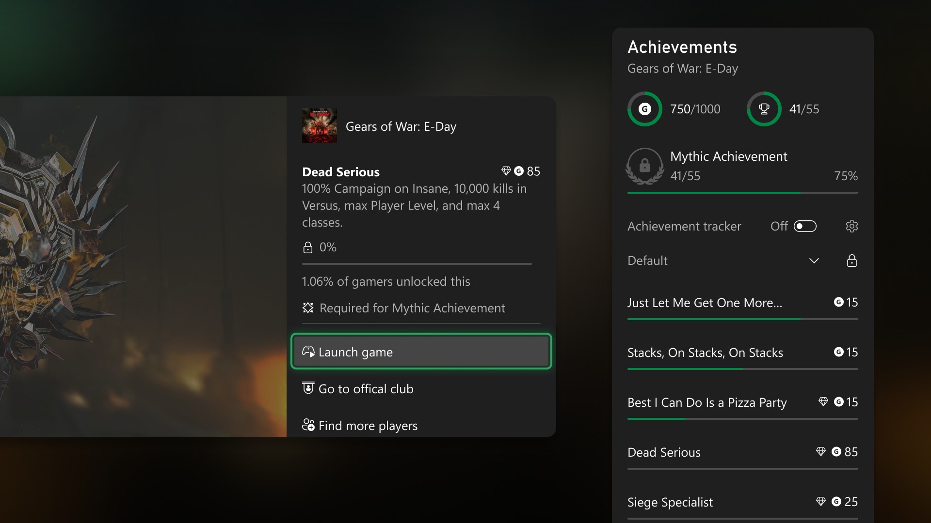 Official Xbox Wire screenshot of Mythic progress bar on a game achievements list