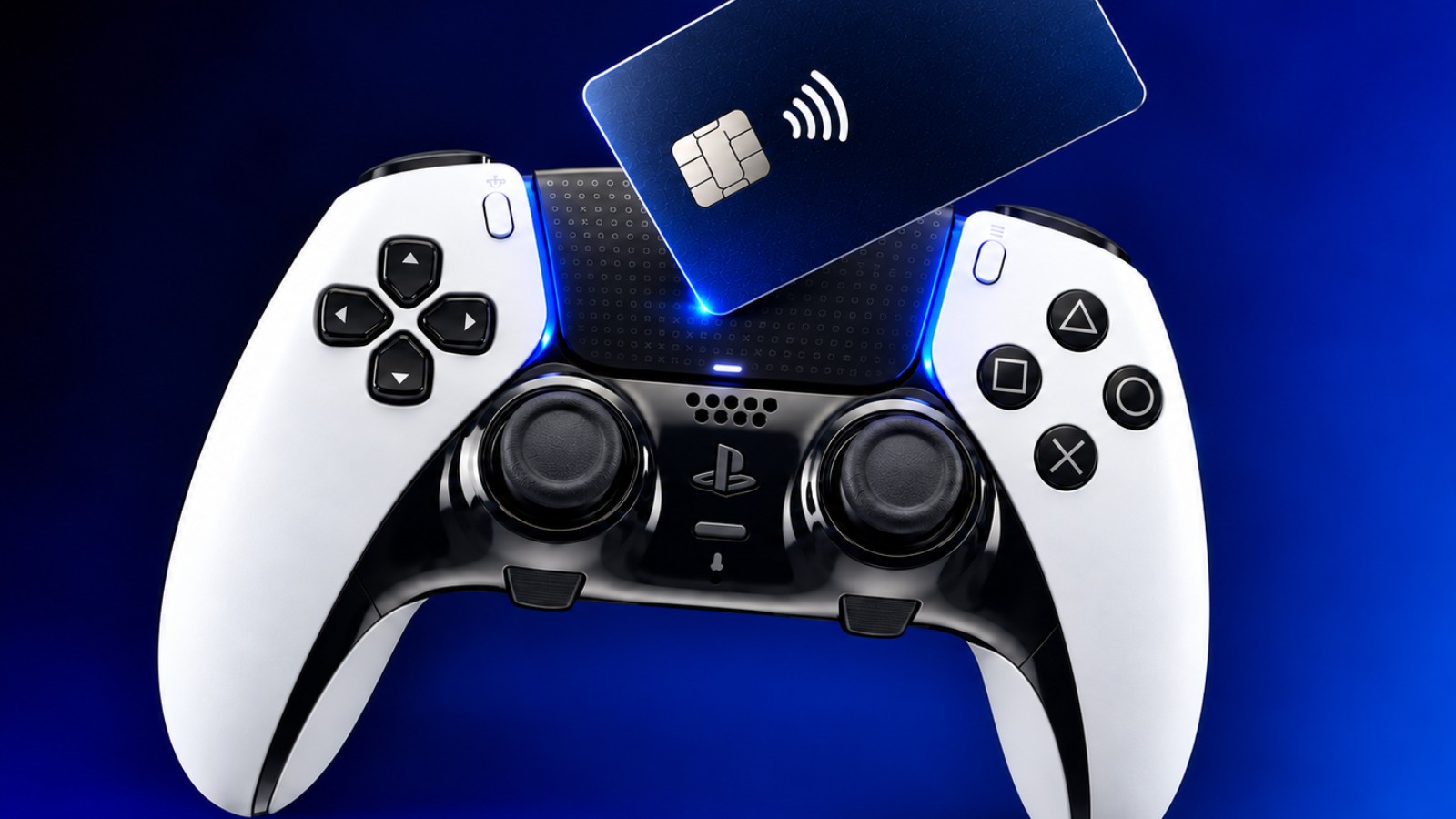 Illustration of a DualSense-style controller used with a payment card, from patent coverage