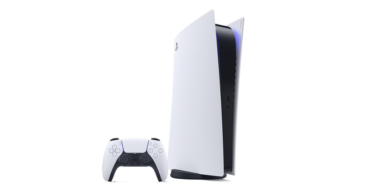 Official PlayStation 5 disc edition console and DualSense controller product photo