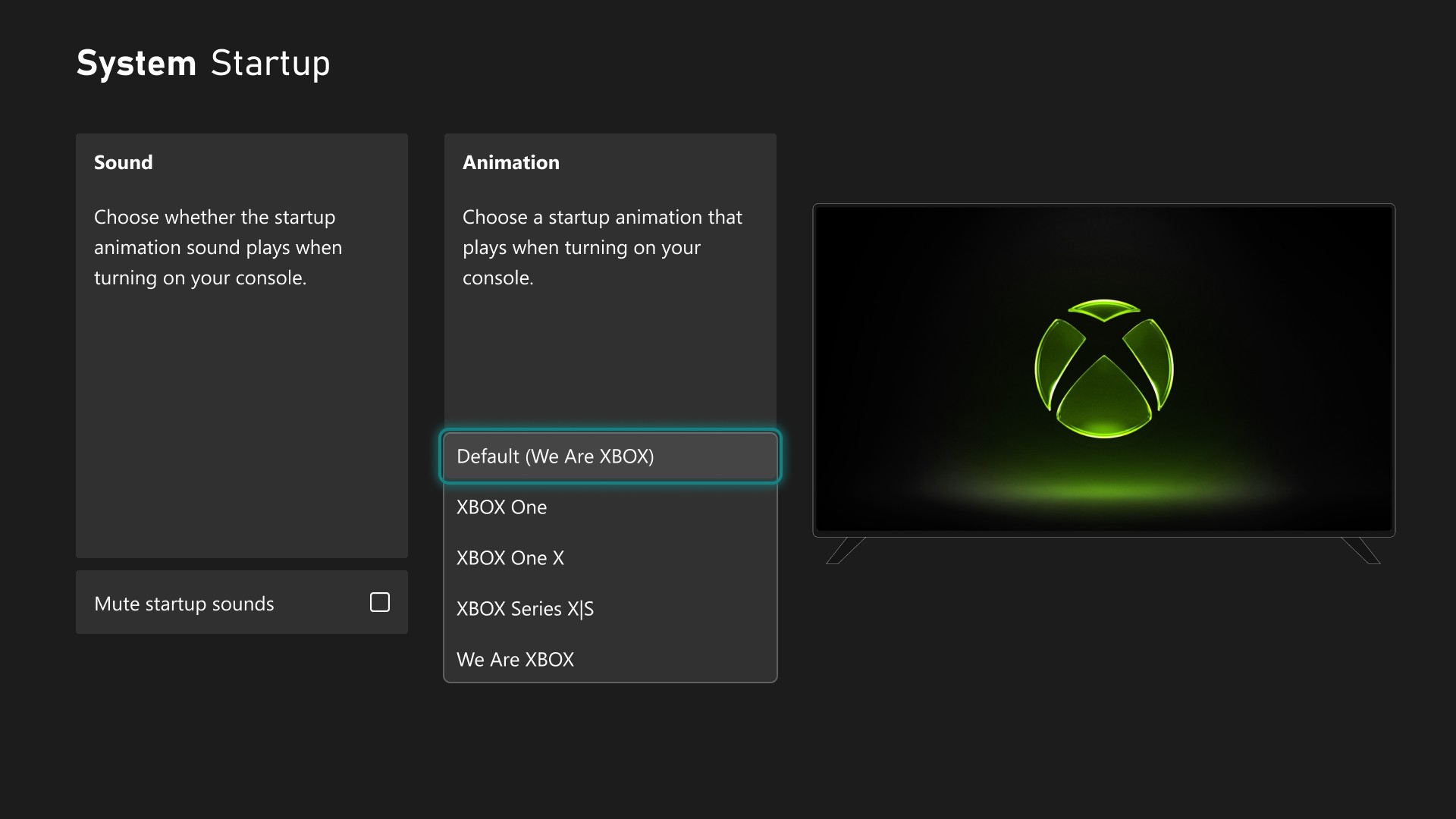 Xbox console startup animation selection screen