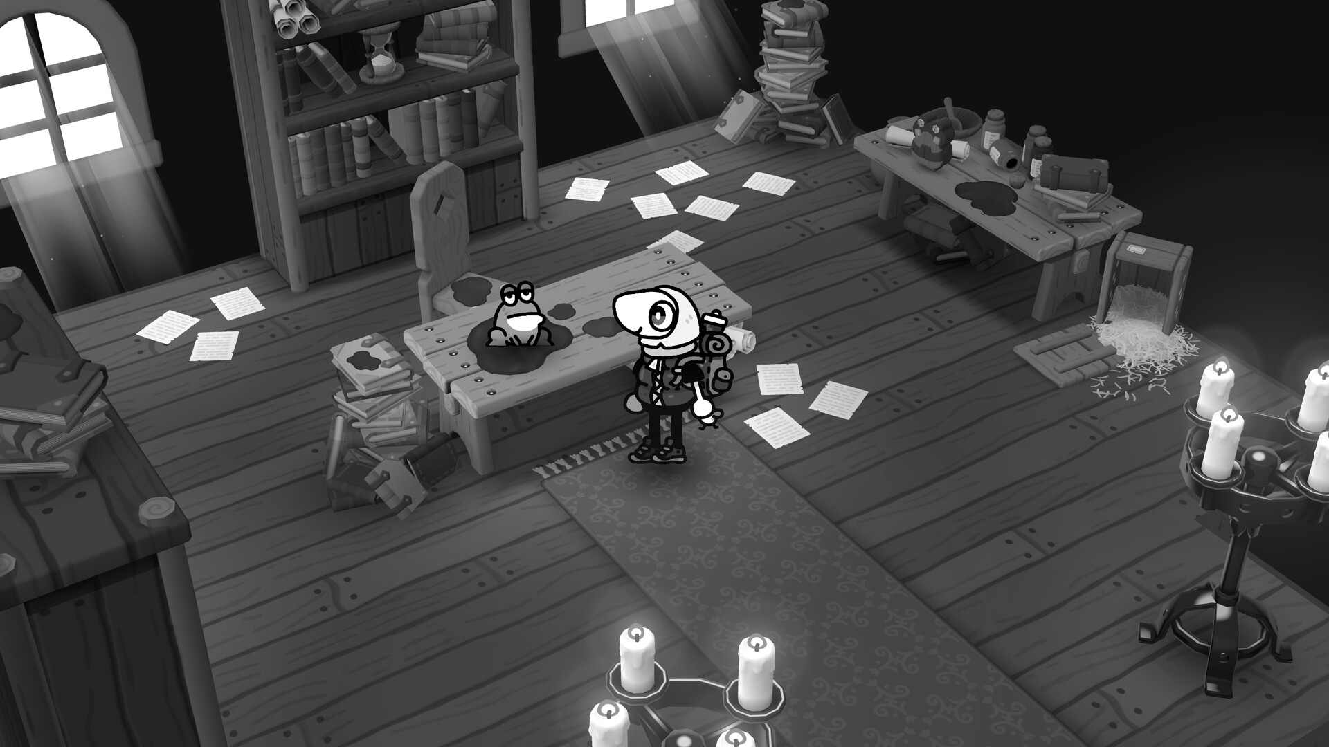 Official TOEM 2 screenshot of the protagonist in a cluttered study with a frog on the desk