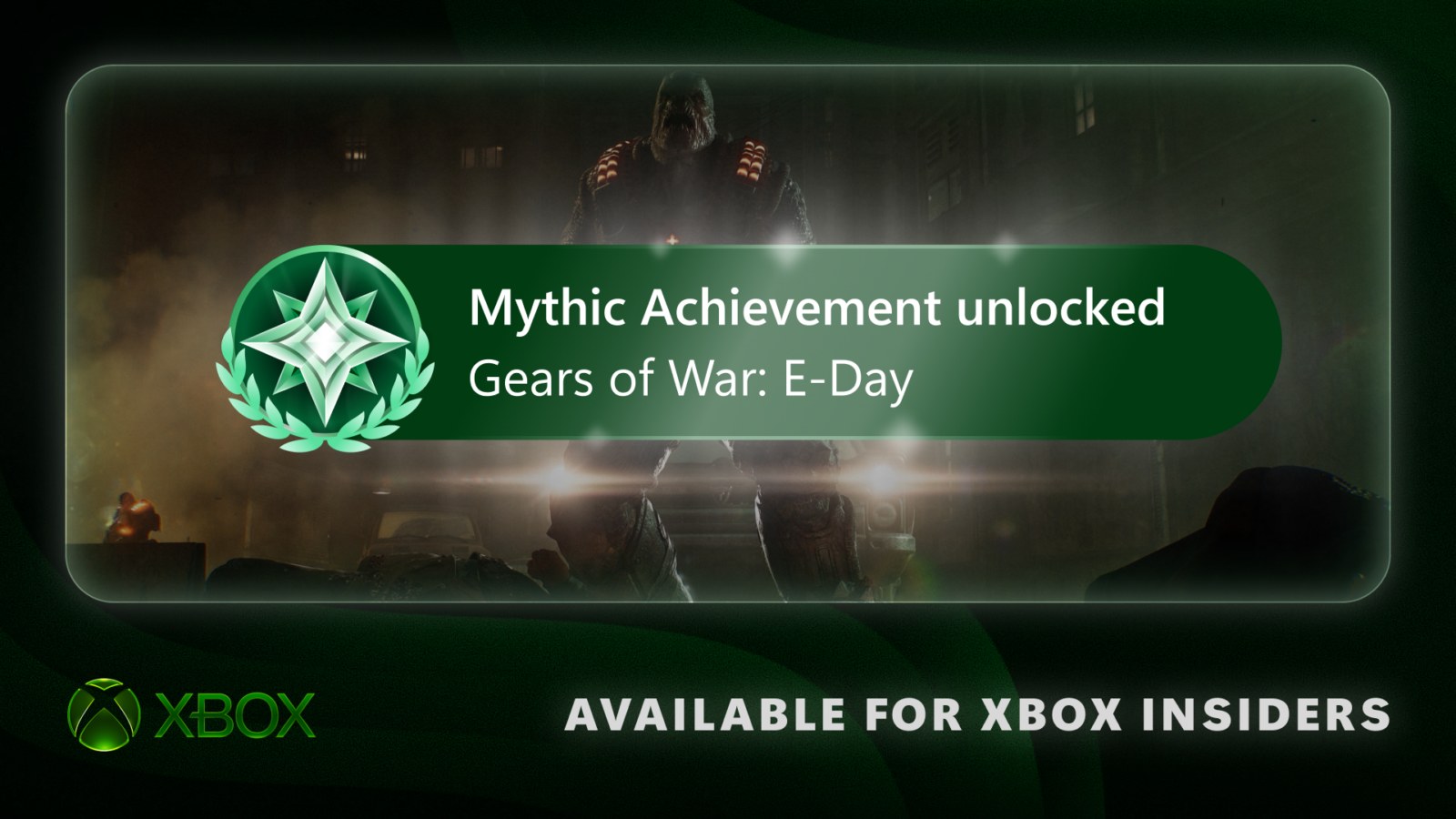 Official Xbox Wire screenshot of Mythic Achievement presentation using Gears of War: E-Day UI