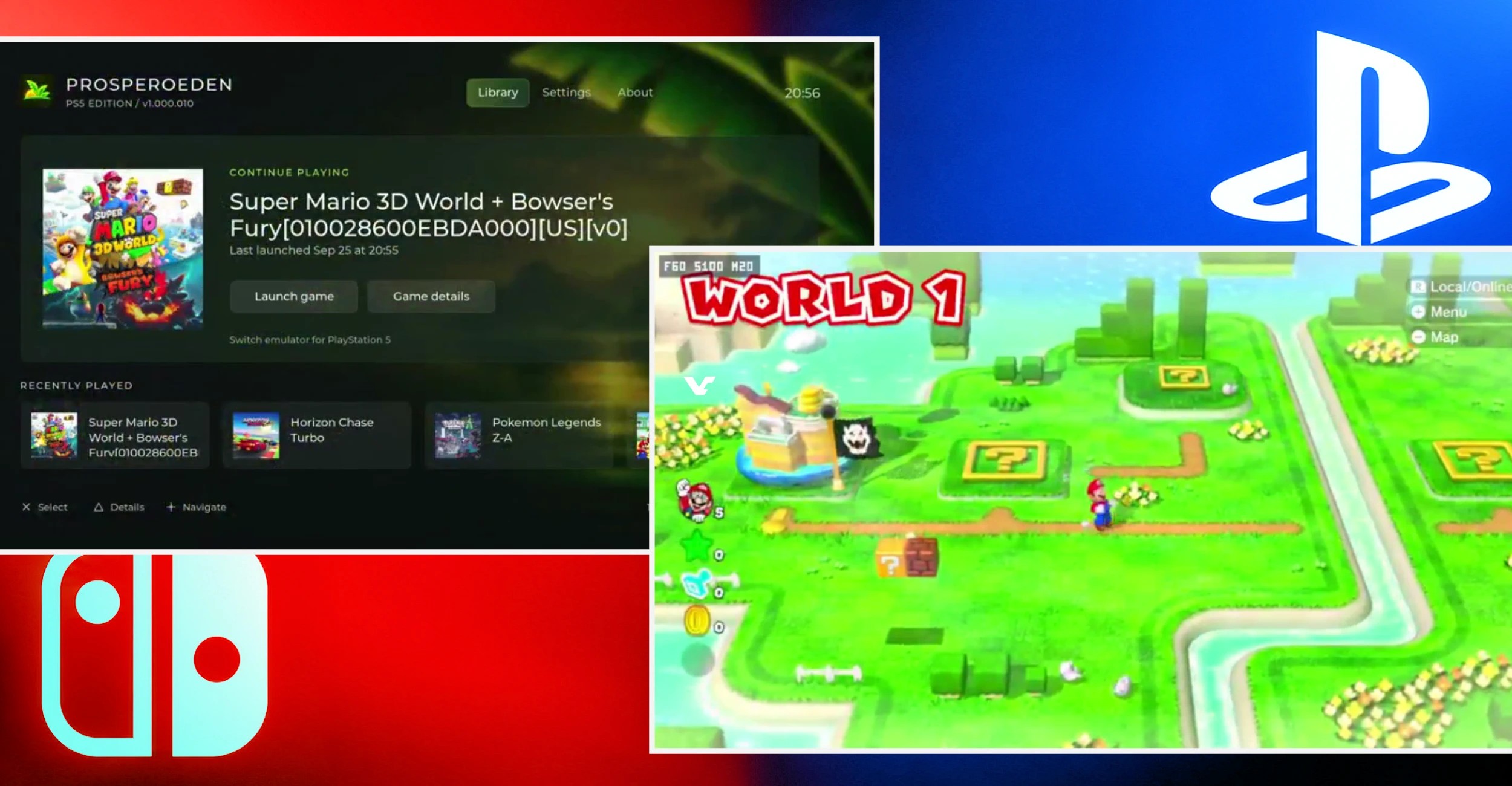 ProsperoEden coverage hero art showing Nintendo Switch games running in the context of PlayStation 5 homebrew emulation reporting