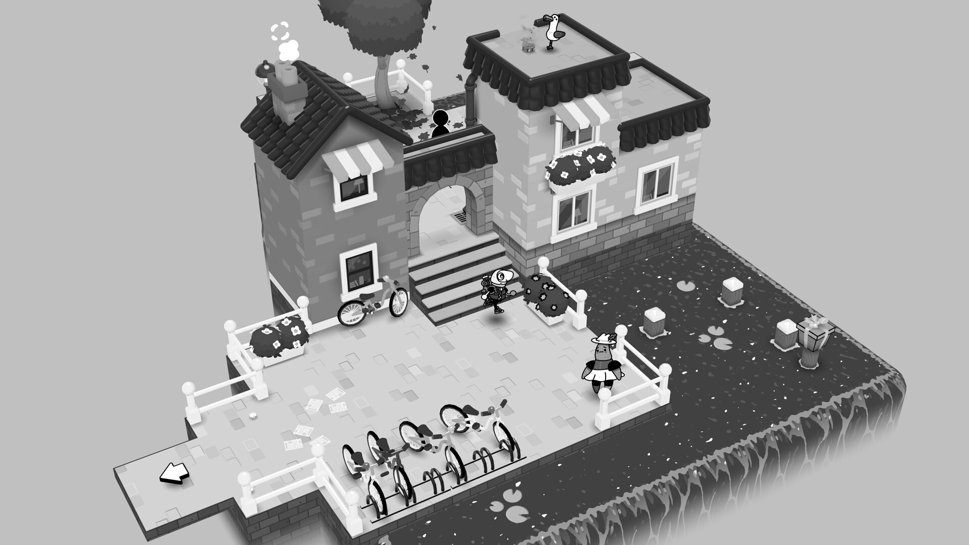 Official TOEM 2 screenshot of a black-and-white town courtyard with the photographer protagonist