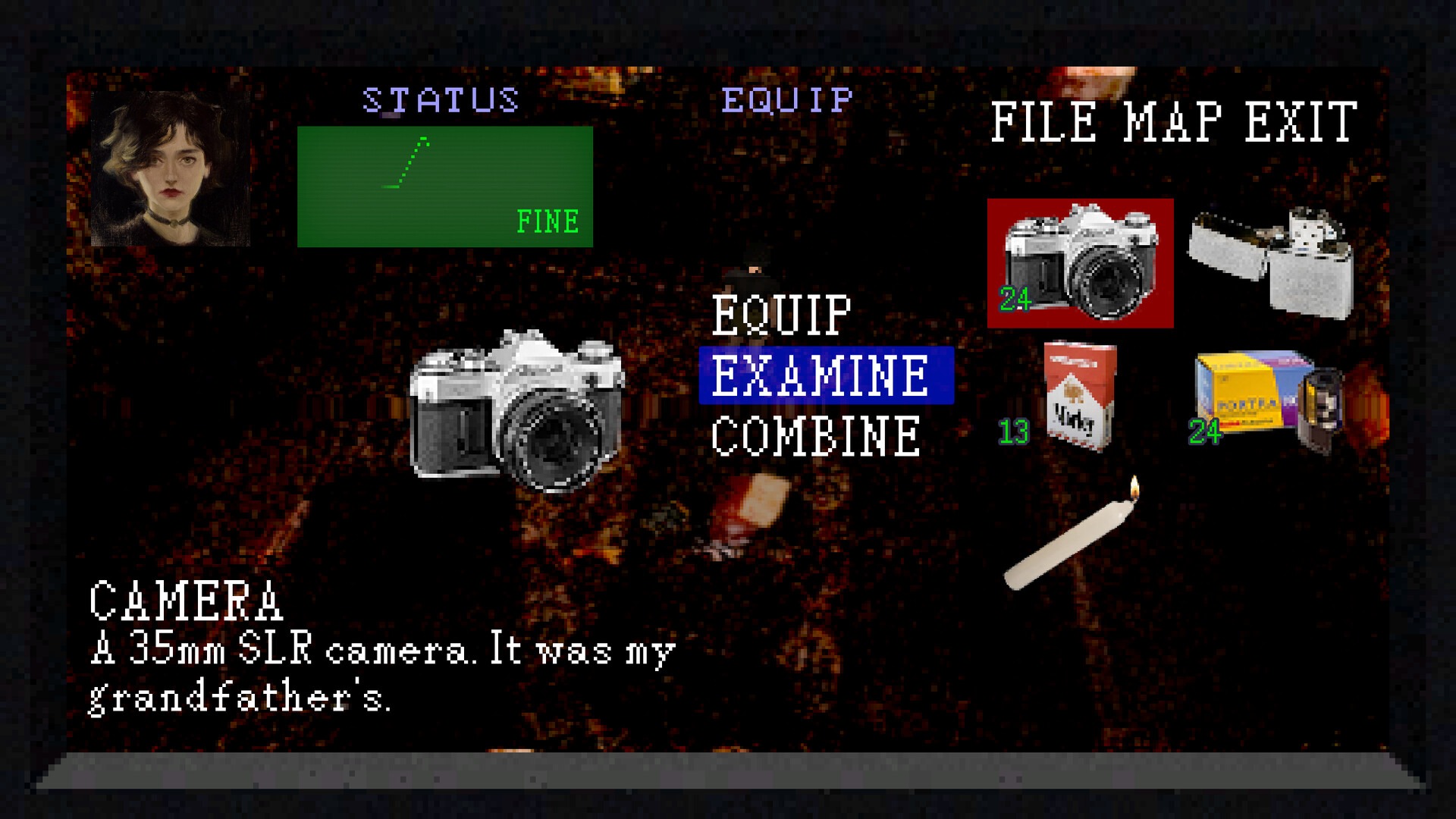 Heartworm inventory screen showing grandfather's 35mm camera as a weapon