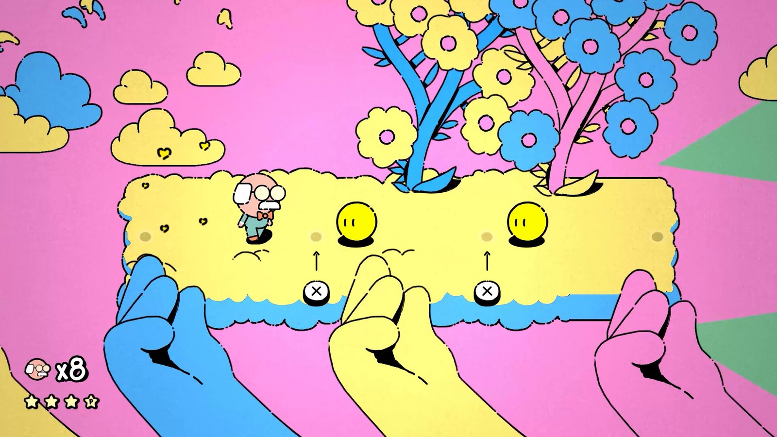 Mr. Records gameplay art — George in a dreamlike rhythm stage