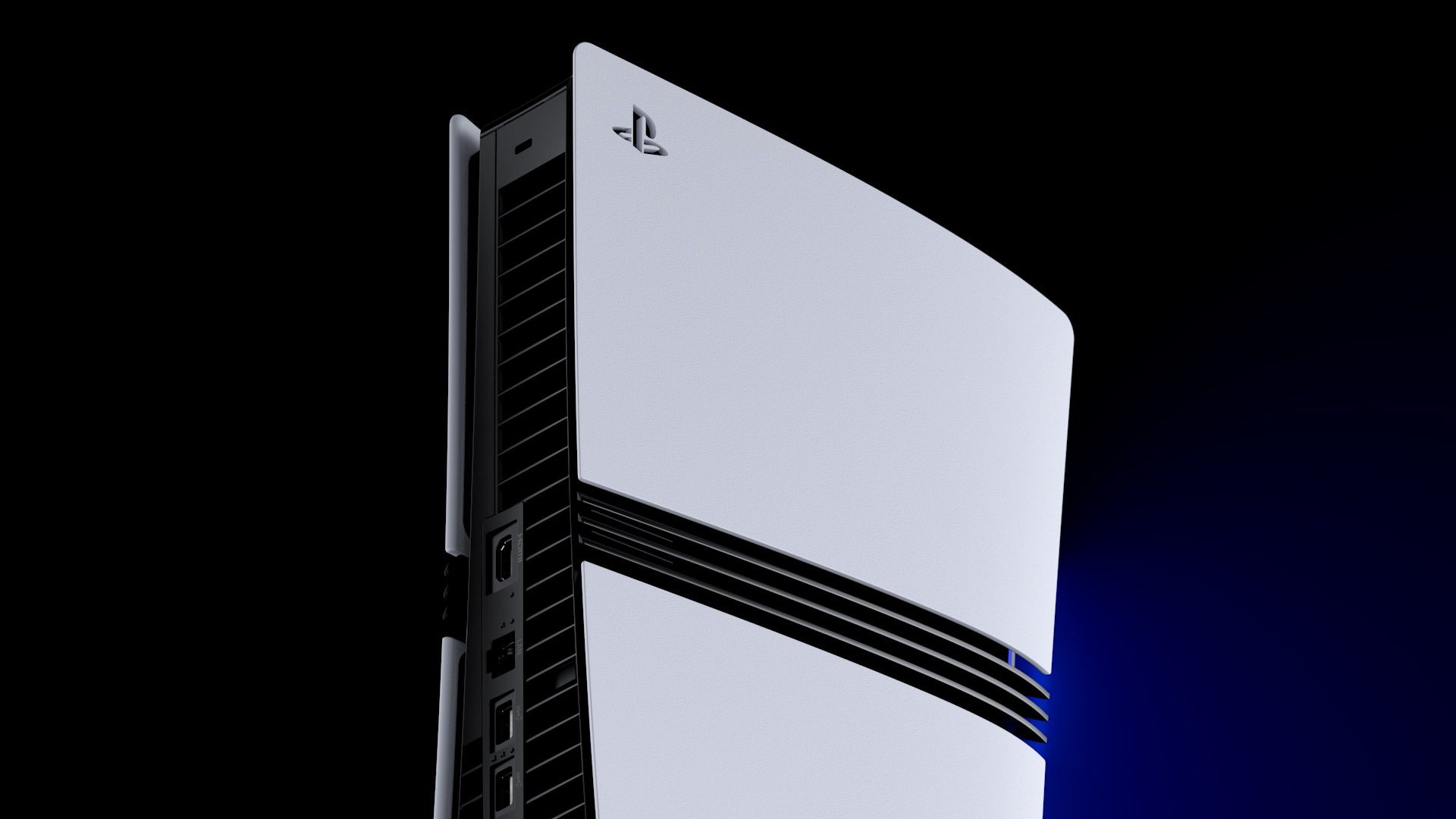 PlayStation 5 Slim/Pro product photography with blue accent lighting