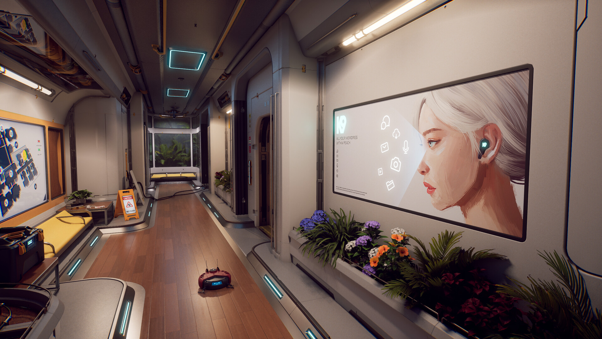 Official Rivage screenshot — A.R.E.S. station corridor with K9 memory interface display
