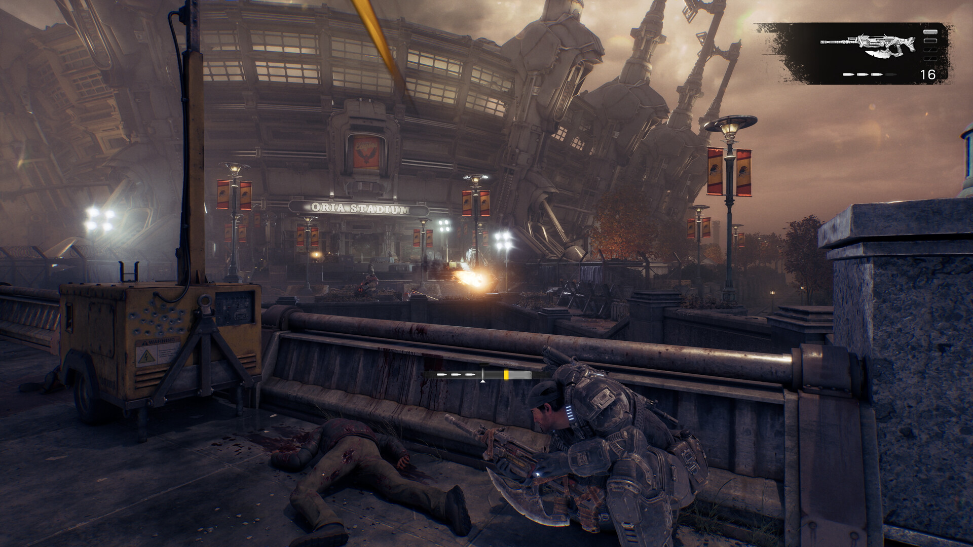 Official Gears of War: E-Day screenshot of COG soldiers in combat amid the ruined streets of Kalona