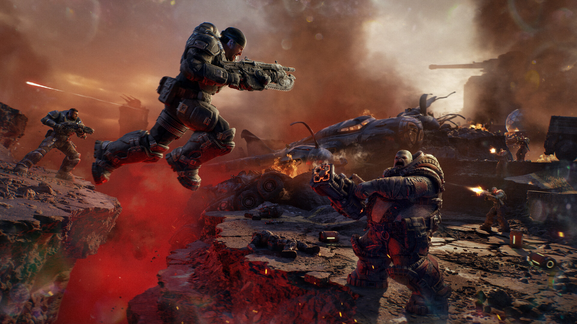 Official Gears of War: E-Day screenshot of COG soldiers charging through a burning battlefield, NextGenConsole Daily Console Drop for October 6 2026