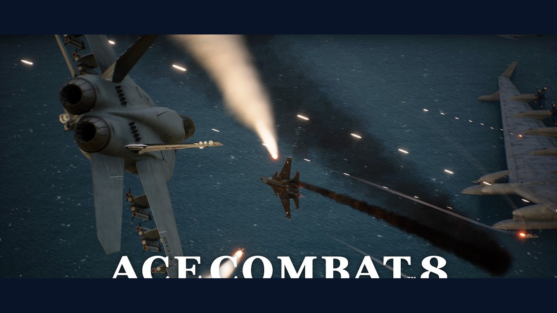 Official Ace Combat 8 promotional art showing aerial combat over the ocean