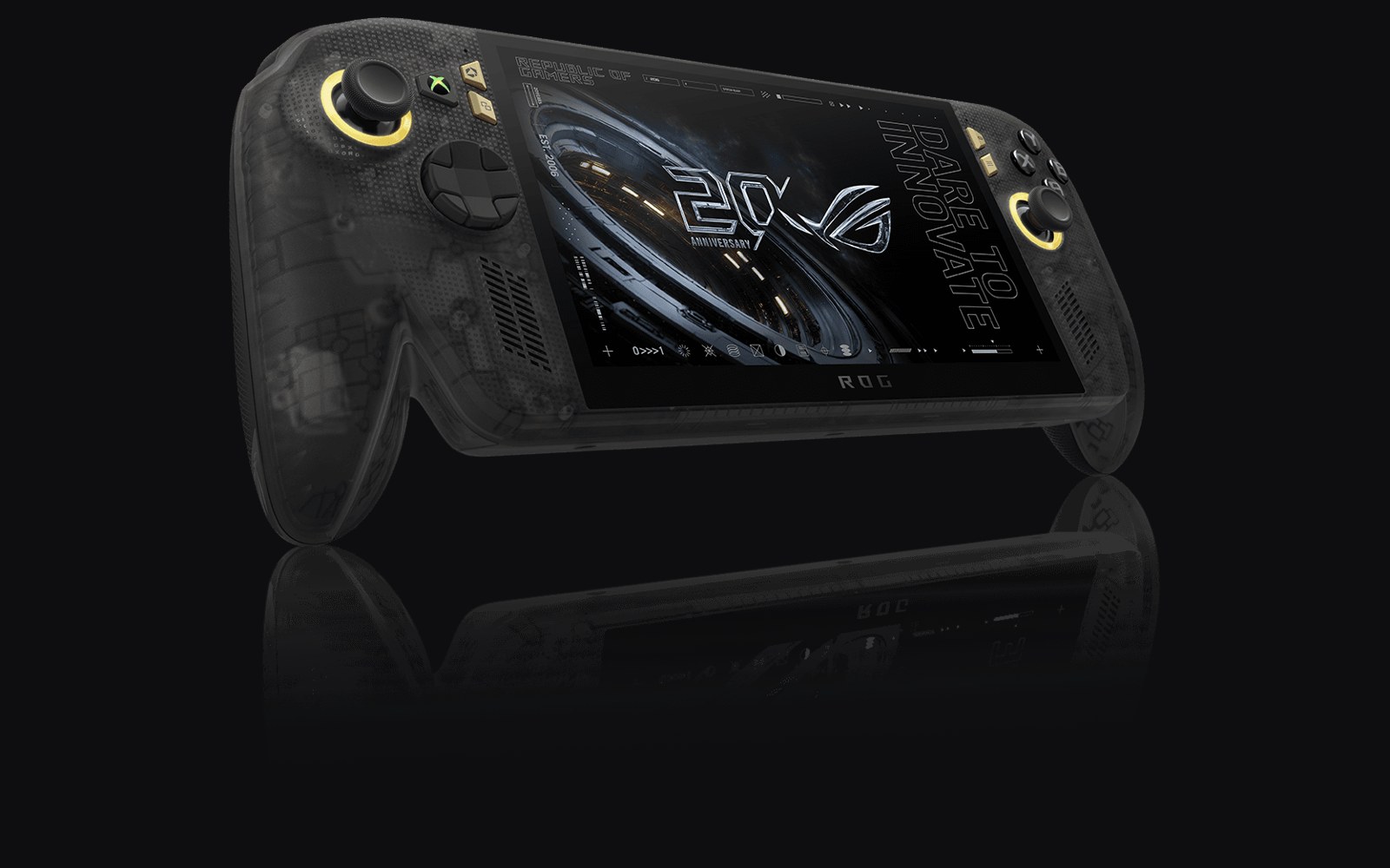 Official ASUS render of the ROG Xbox Ally X20 front with its 7.4-inch OLED screen and gold stick rings