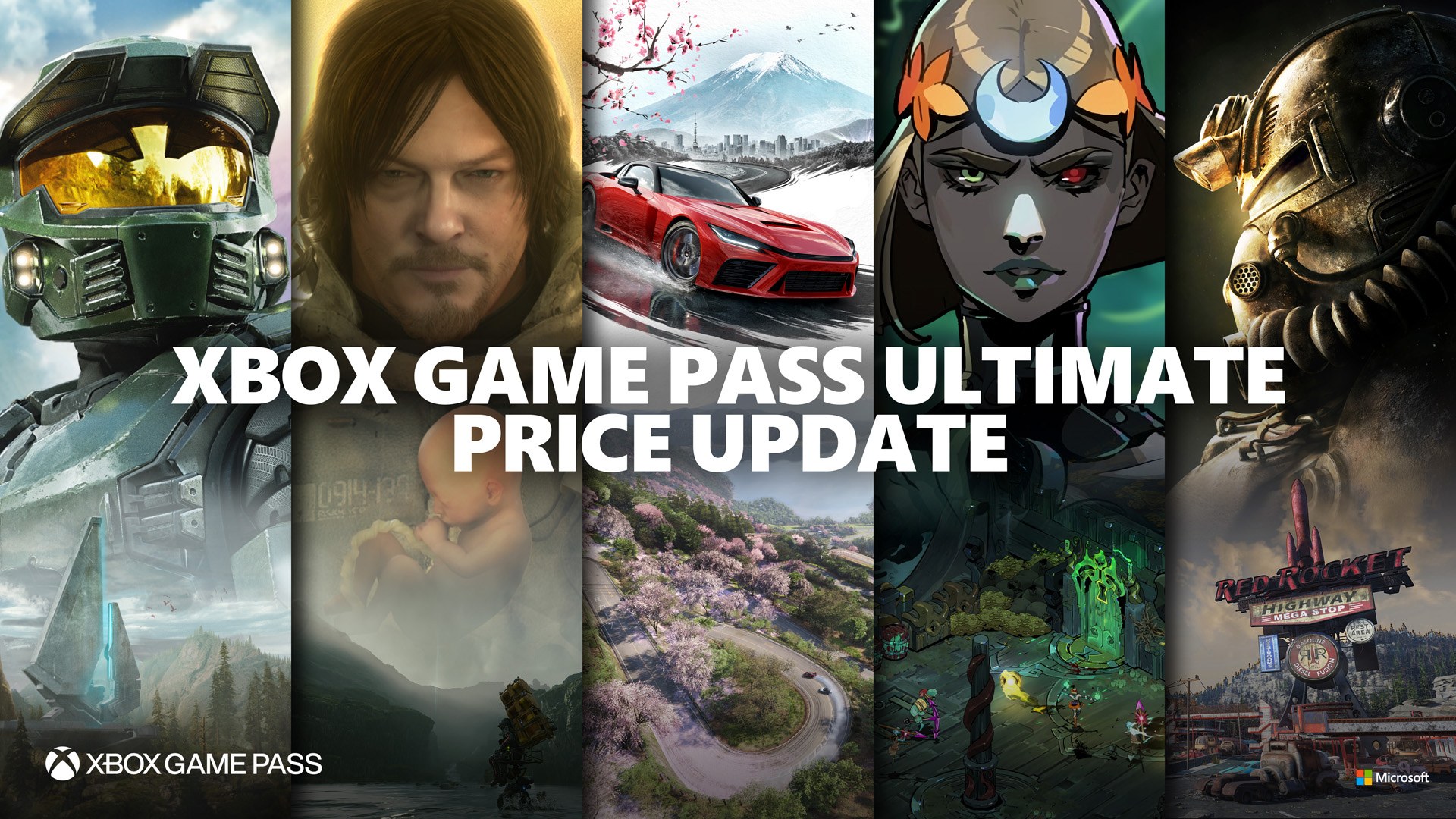 Xbox Game Pass Ultimate price update banner with Halo, Forza and Fallout artwork