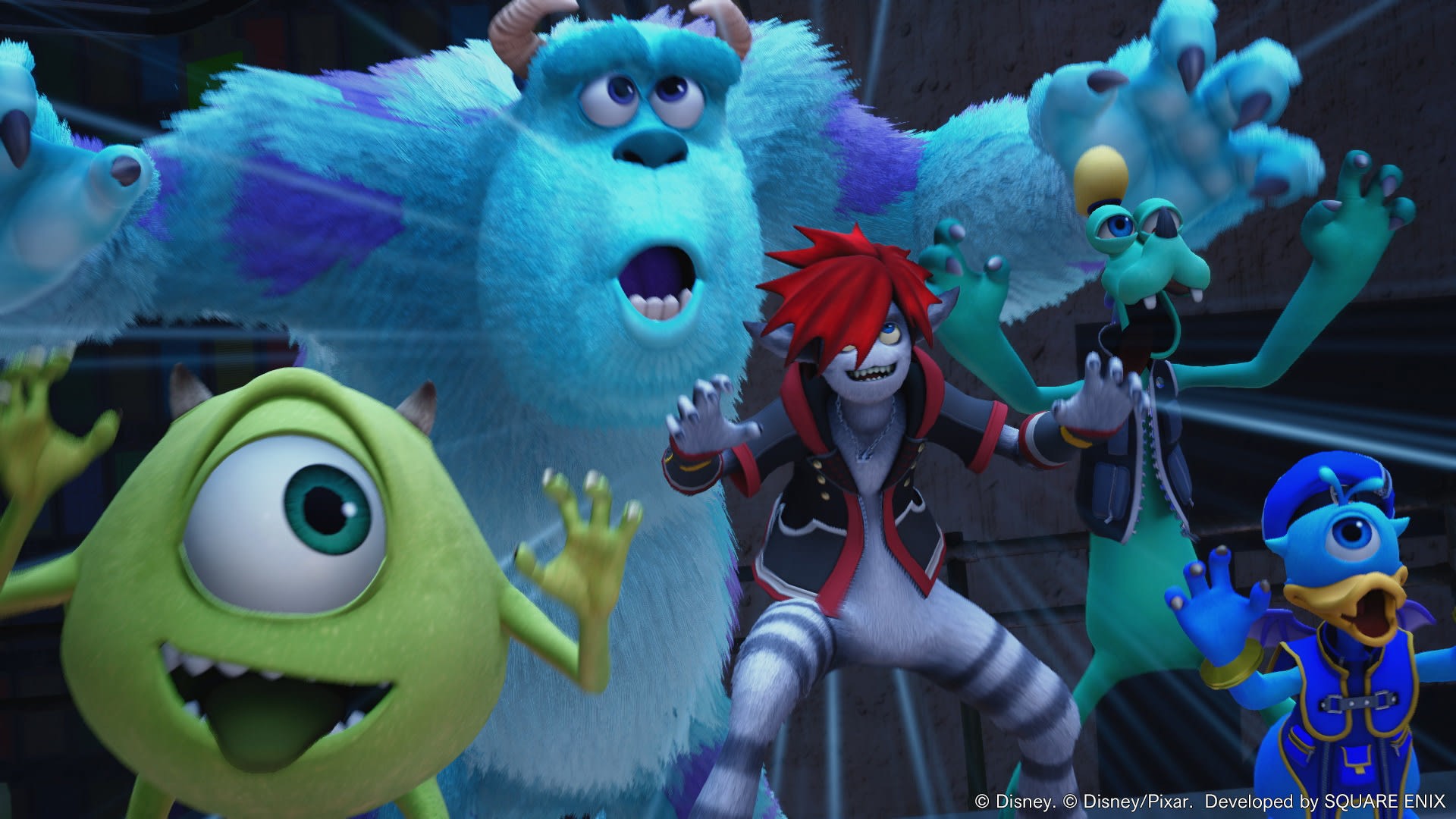 Official KINGDOM HEARTS Collection screenshot showing a Disney-world battle scene