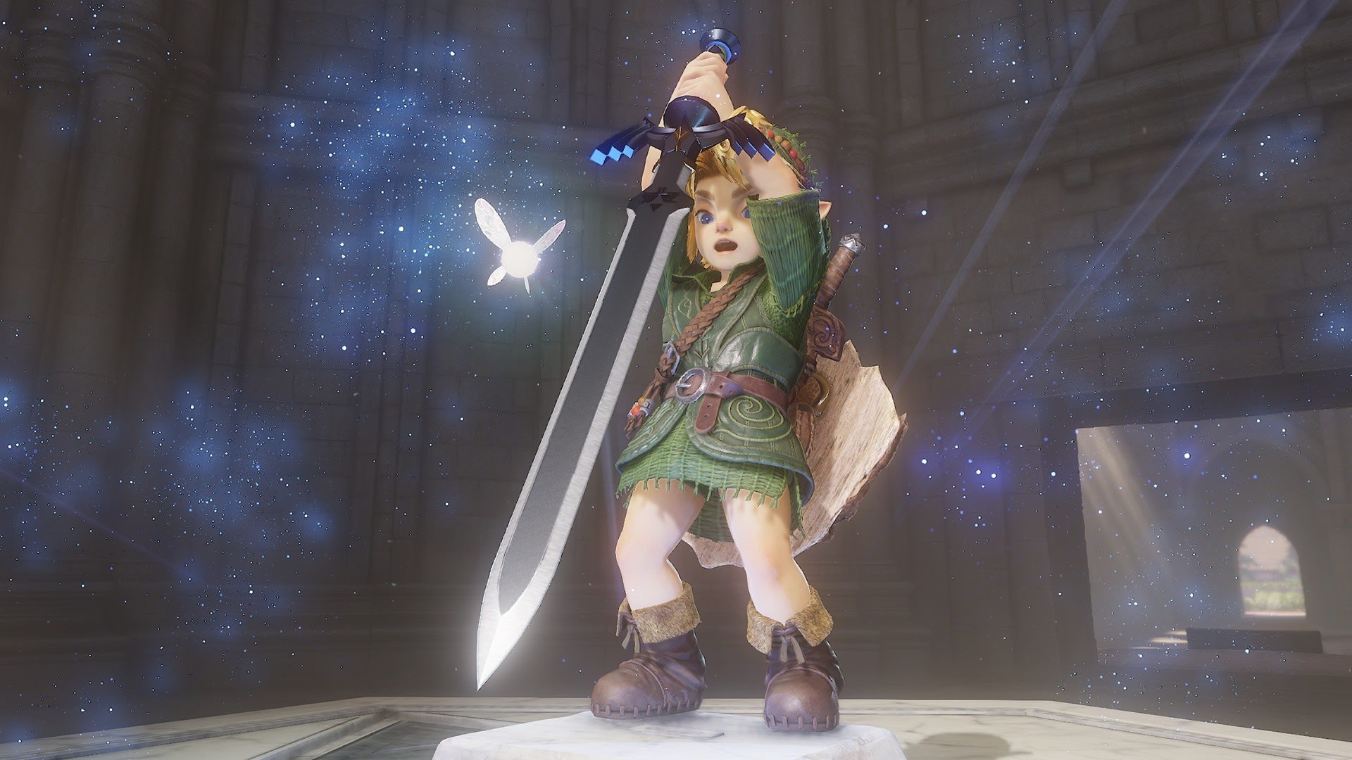 Young Link raising the Master Sword in The Legend of Zelda: Ocarina of Time for Nintendo Switch 2