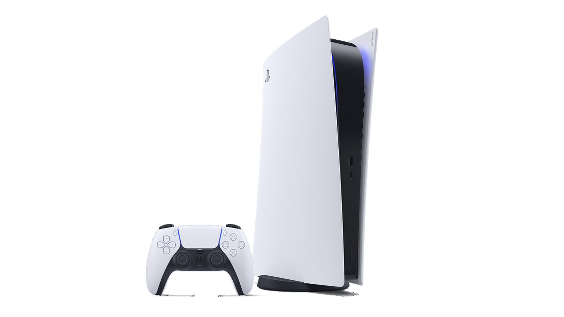 Official PlayStation 5 disc console and DualSense controller on white background