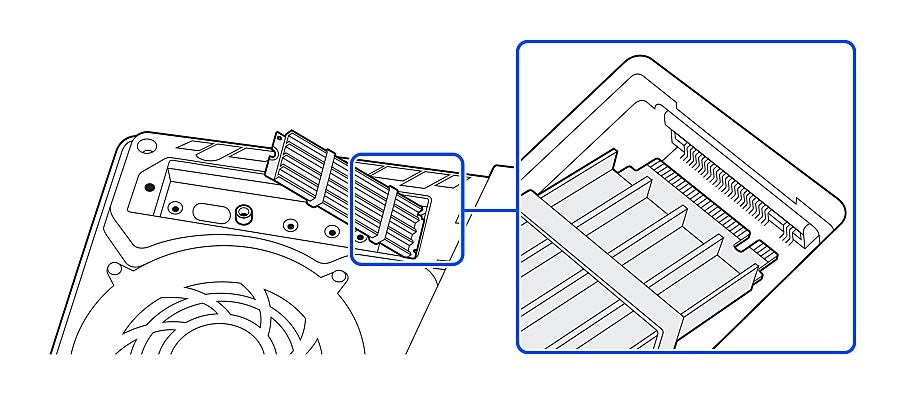 PlayStation support diagram showing an M.2 SSD with heatsink being inserted into the PS5 expansion slot