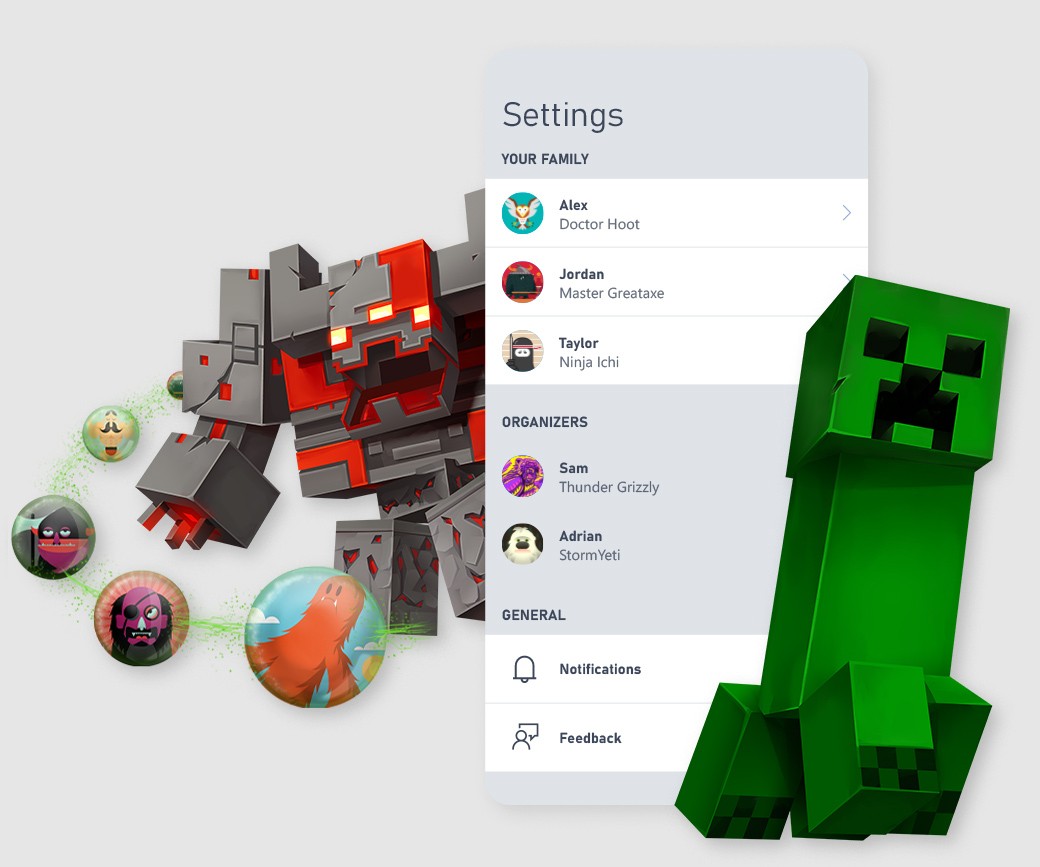 Xbox Family Settings app family member list beside Minecraft characters