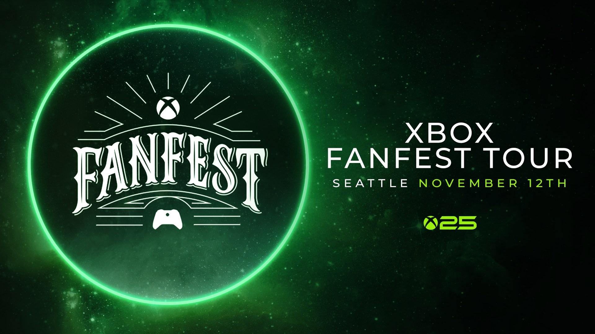 Official Xbox FanFest Tour Seattle November 12 artwork with the Xbox 25 logo