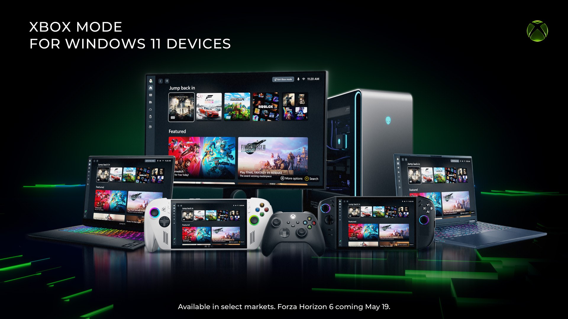 Xbox mode running on Windows 11 laptops, a desktop PC and several handheld gaming PCs with an Xbox controller