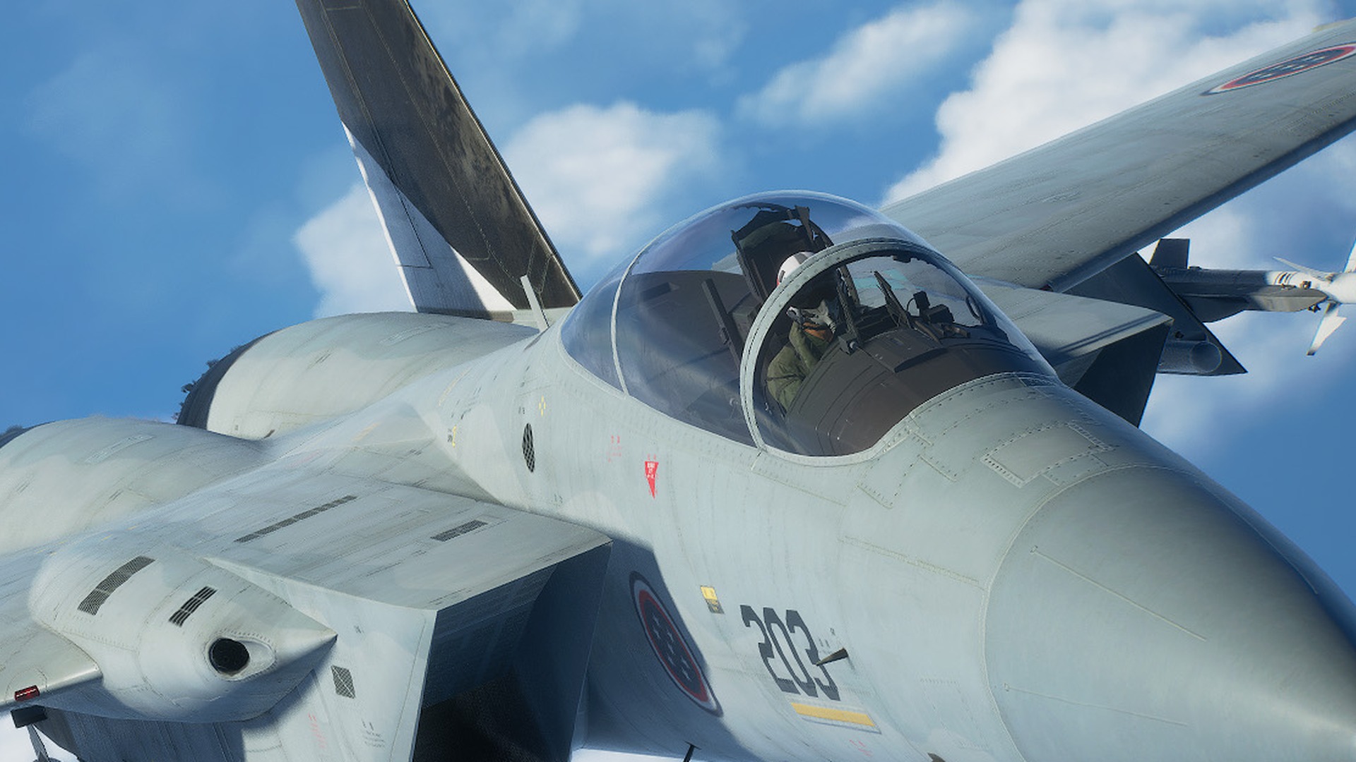 Official Ace Combat 8: Wings of Theve key art of a fighter jet banking through clouds