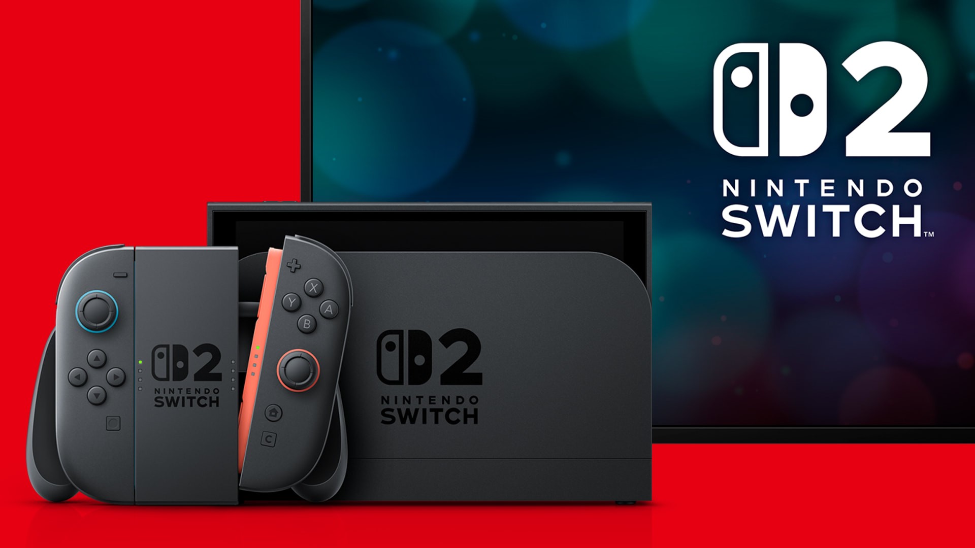 Official Nintendo Switch 2 docked in TV mode against a red backdrop