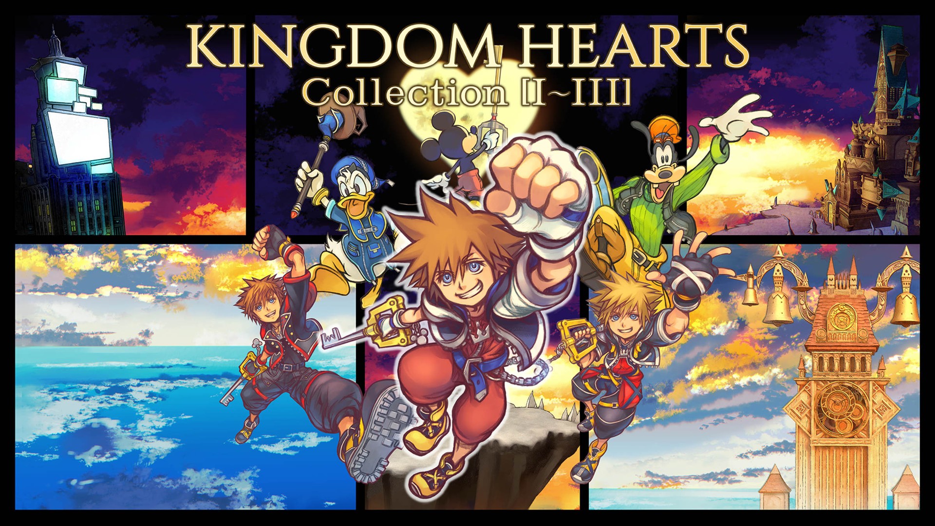Official KINGDOM HEARTS Collection [I～III] key art with Sora holding the Keyblade amid Disney-world collage