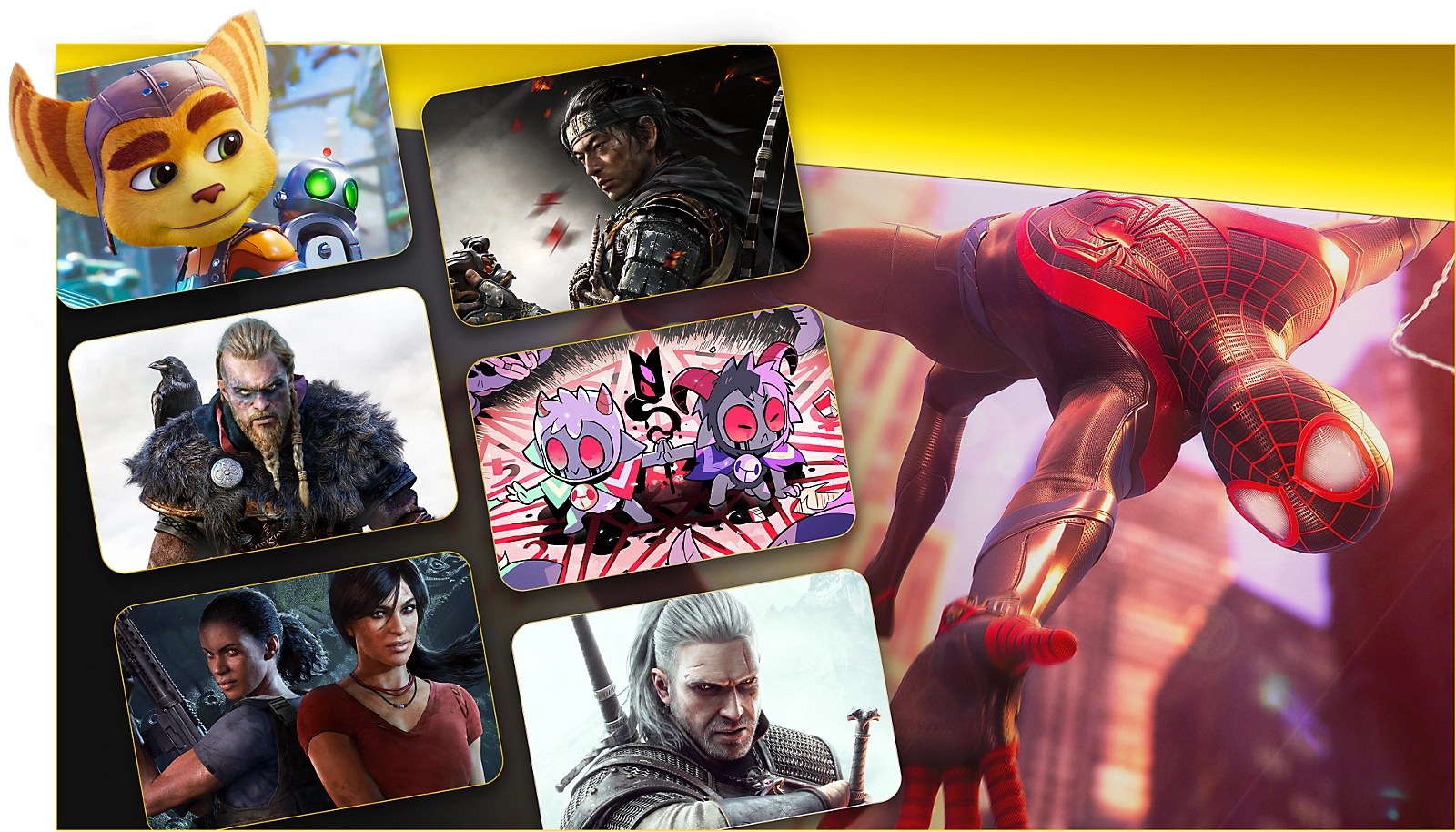 PlayStation Plus promotional collage of PS5 game art including Marvel’s Spider-Man 2 and Ghost of Tsushima