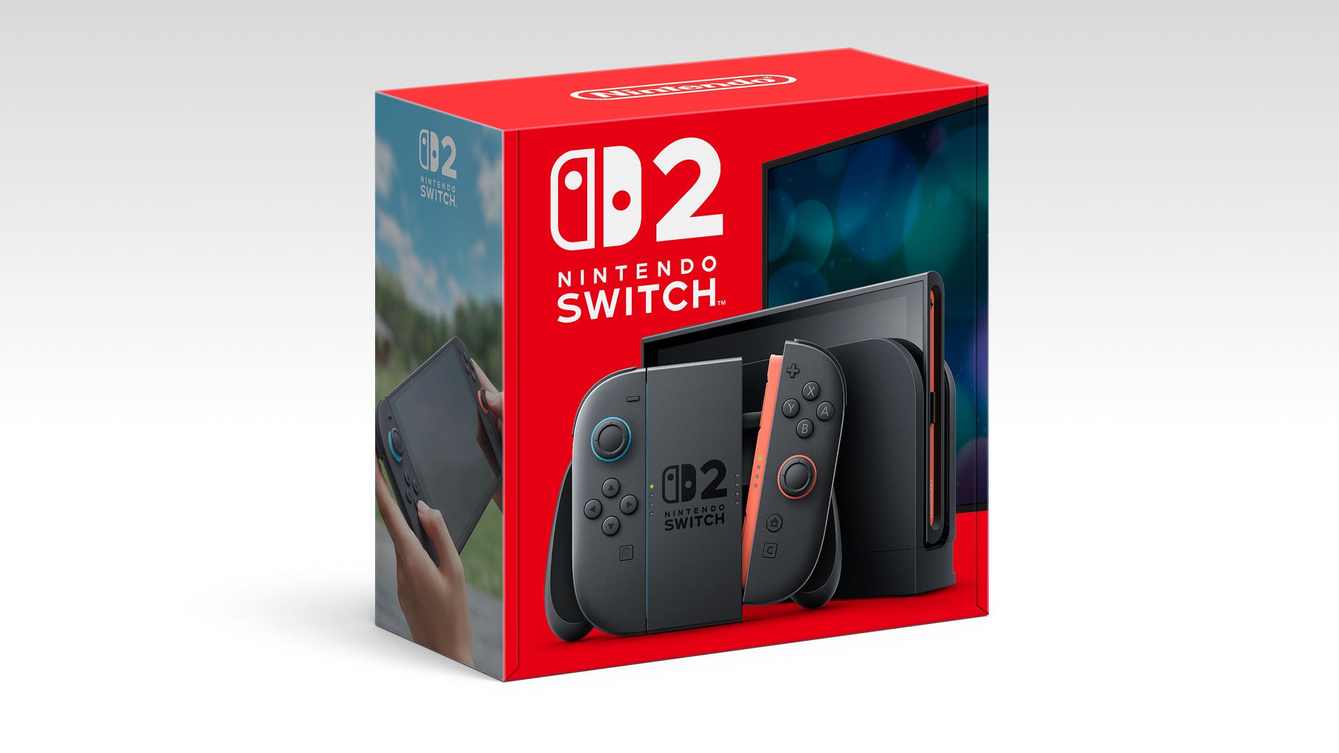 Official Nintendo Switch 2 retail box art showing the console, Joy-Con 2 controllers and dock