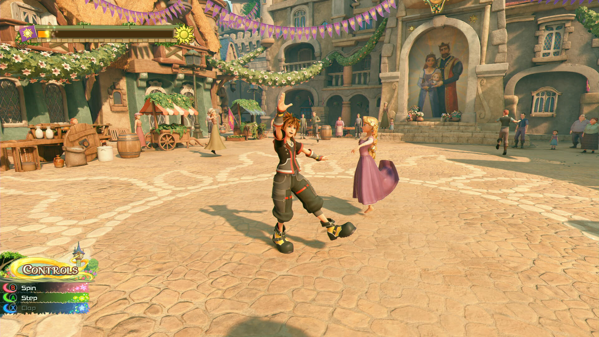 Official Kingdom Hearts III screenshot of Sora and Rapunzel in the Kingdom of Corona